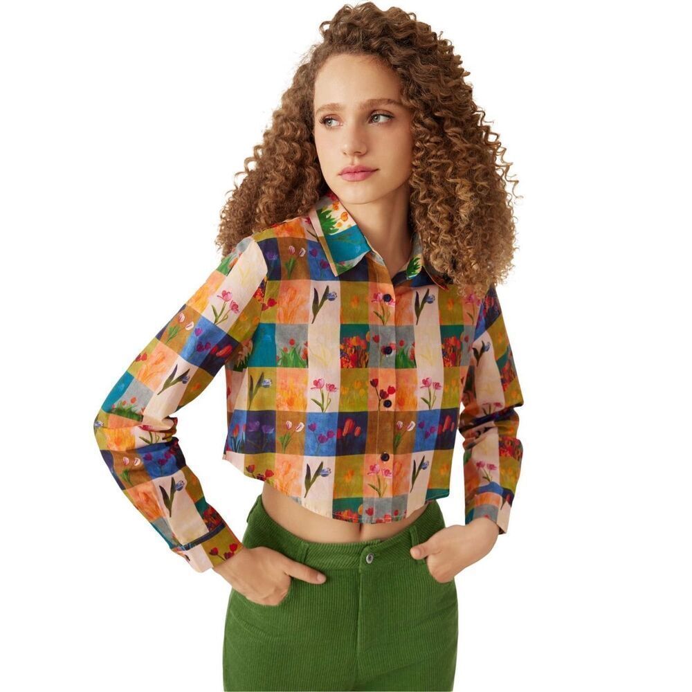 NWT Cider Cropped Floral Geometric Long Sleeve Button Down Large / 8